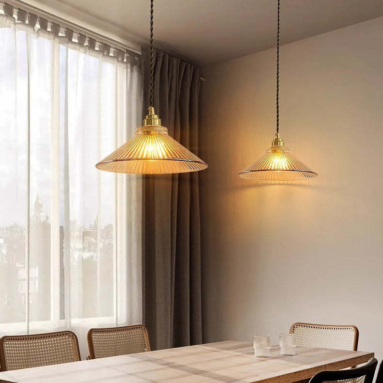 Traditional Rustic Cone Stripe Glass Brass Pendant Light