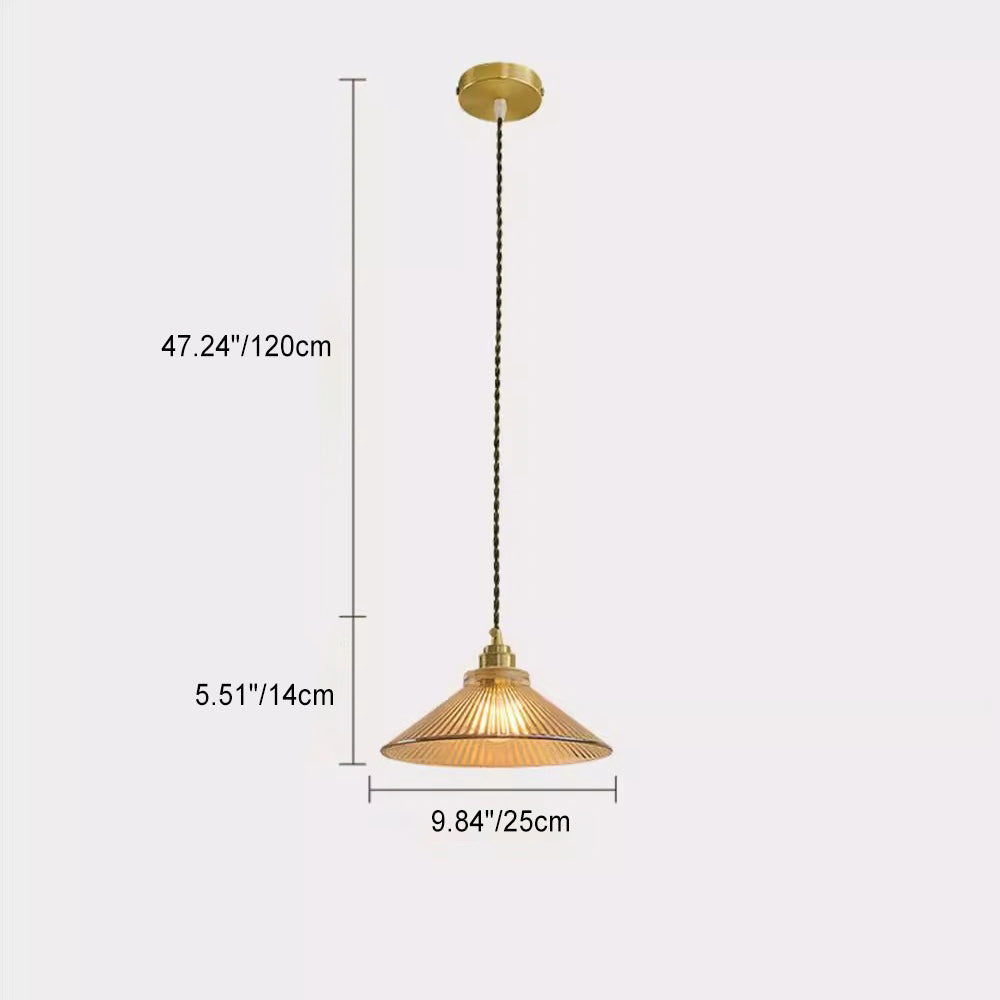 Traditional Rustic Cone Stripe Glass Brass Pendant Light