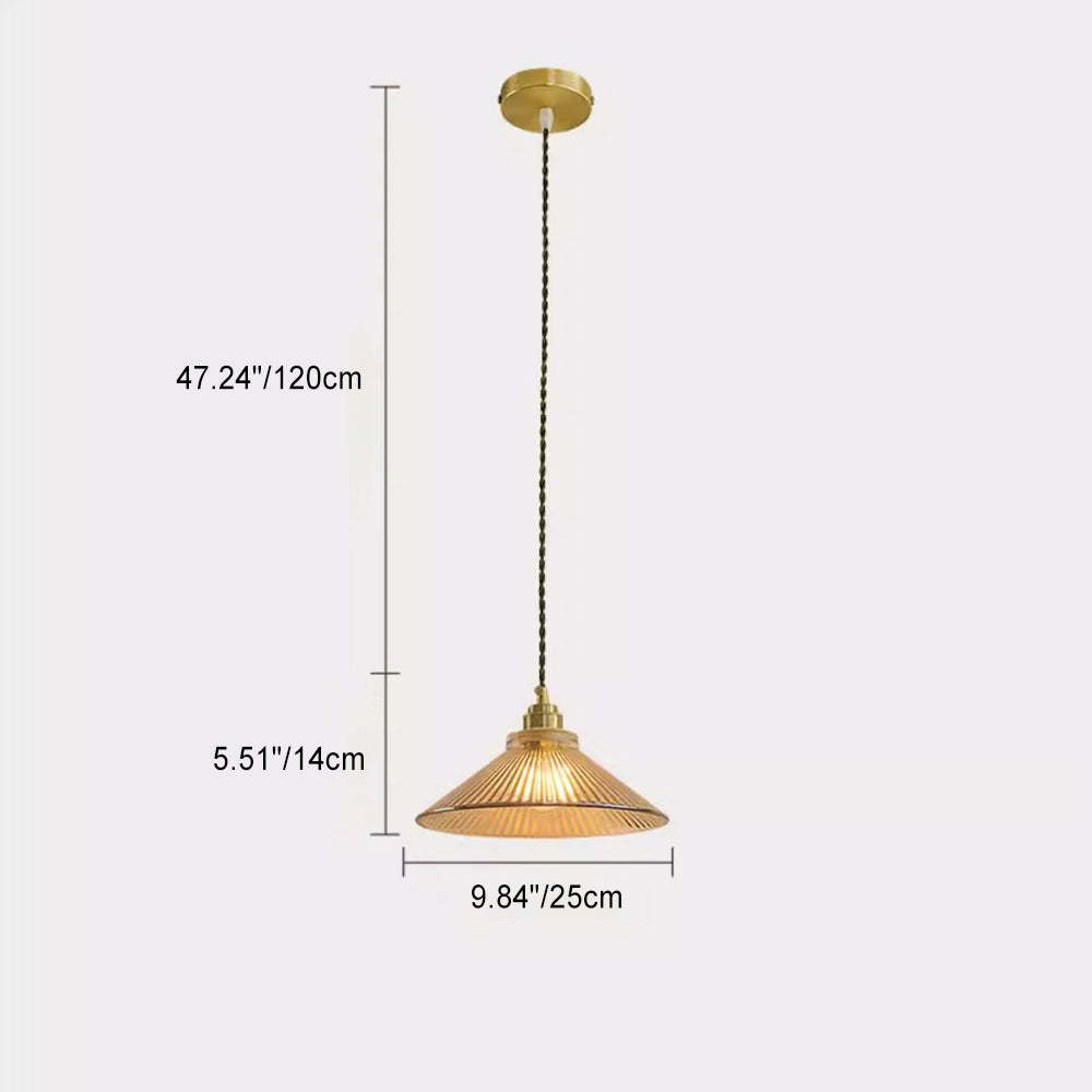 Traditional Rustic Cone Stripe Glass Brass Pendant Light