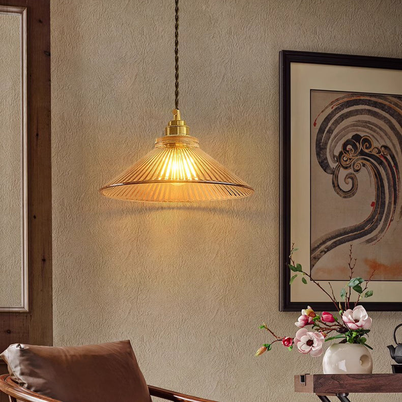 Traditional Rustic Cone Stripe Glass Brass Pendant Light