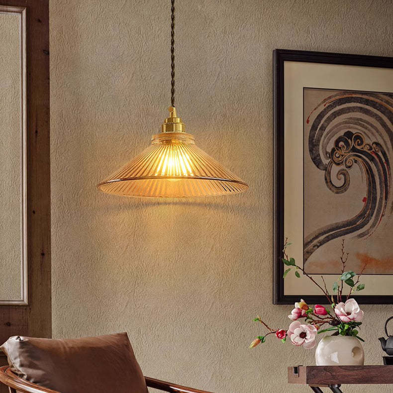 Traditional Rustic Cone Stripe Glass Brass Pendant Light