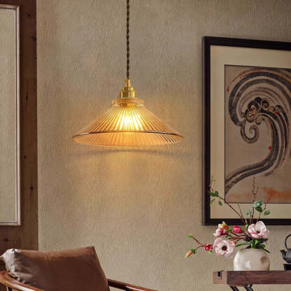 Traditional Rustic Cone Stripe Glass Brass Pendant Light