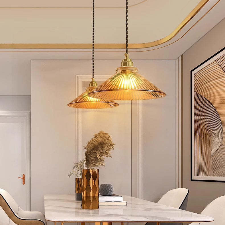 Traditional Rustic Cone Stripe Glass Brass Pendant Light