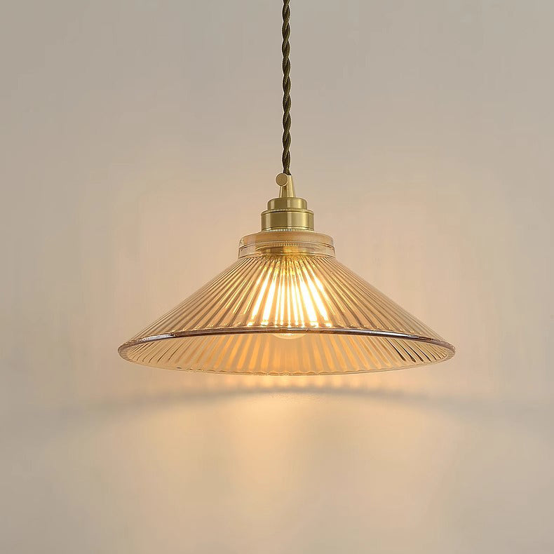 Traditional Rustic Cone Stripe Glass Brass Pendant Light