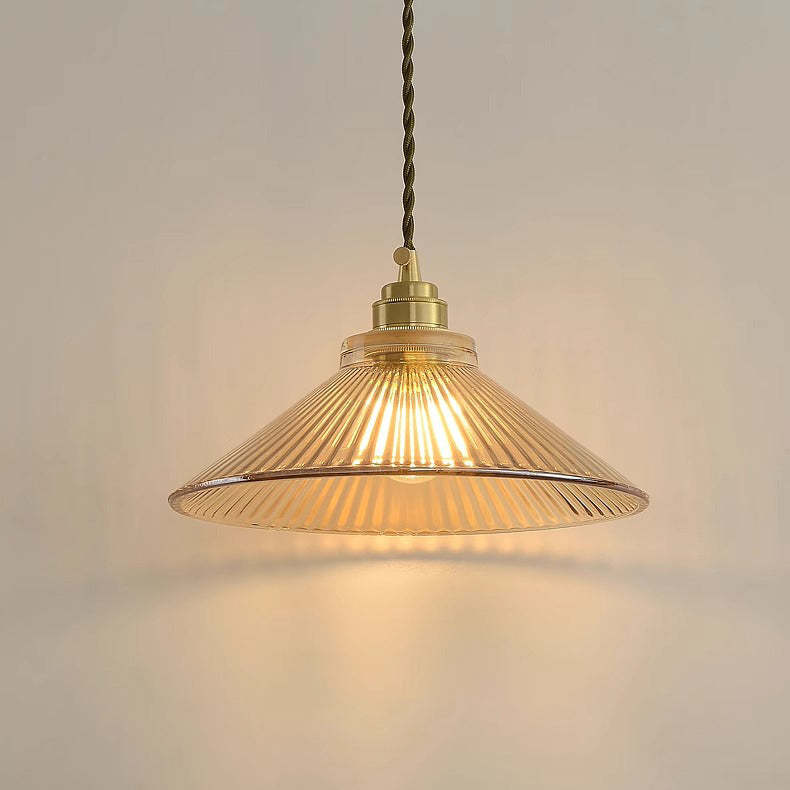 Traditional Rustic Cone Stripe Glass Brass Pendant Light