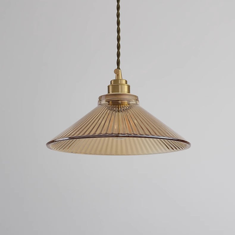 Traditional Rustic Cone Stripe Glass Brass Pendant Light