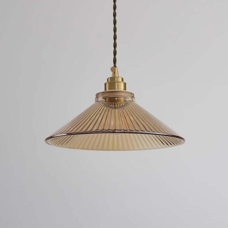 Traditional Rustic Cone Stripe Glass Brass Pendant Light