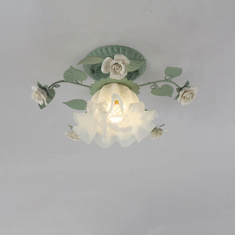 French Bellflower Iron Ceramic Glass Ceiling Light