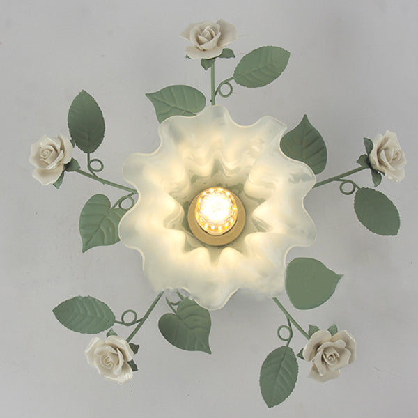 French Bellflower Iron Ceramic Glass Ceiling Light
