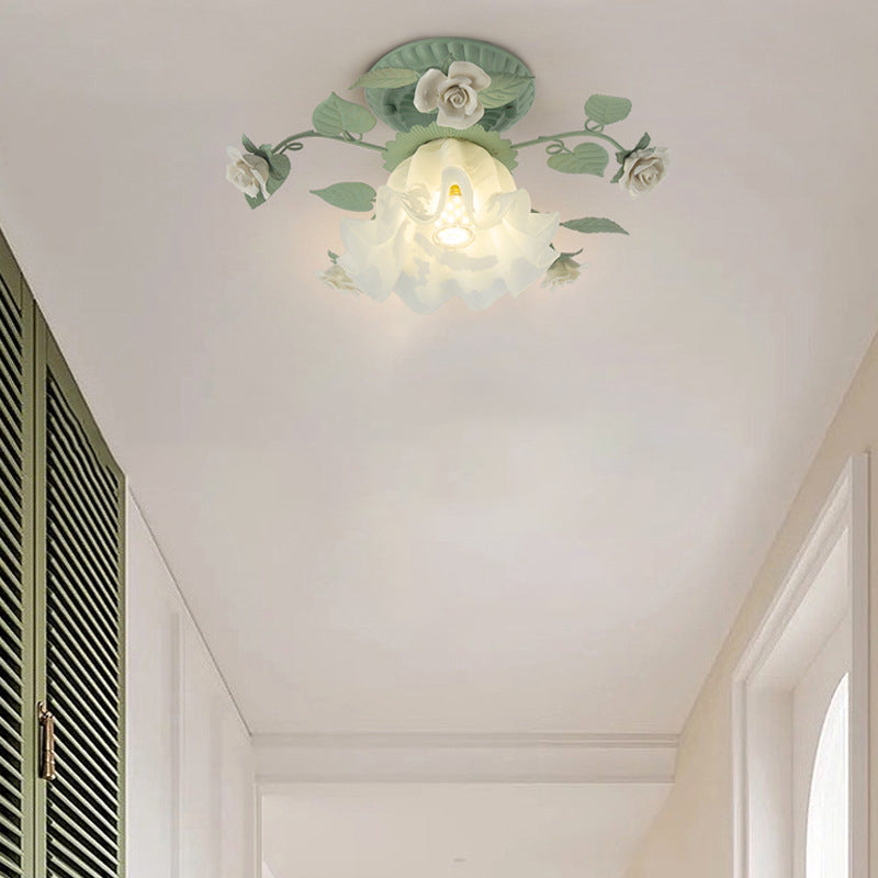 French Bellflower Iron Ceramic Glass Ceiling Light