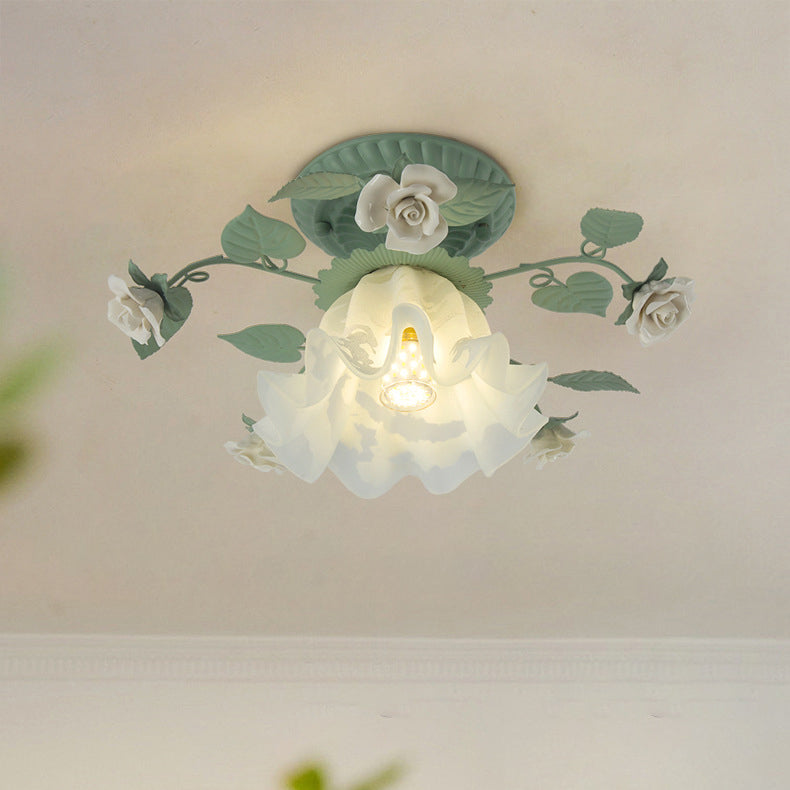 French Bellflower Iron Ceramic Glass Ceiling Light