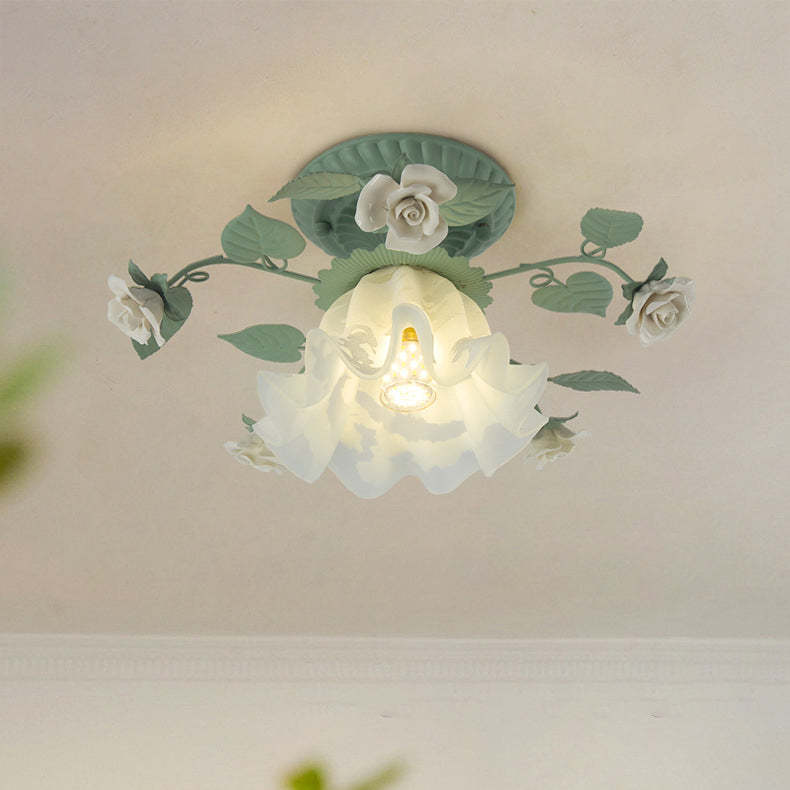 French Bellflower Iron Ceramic Glass Ceiling Light