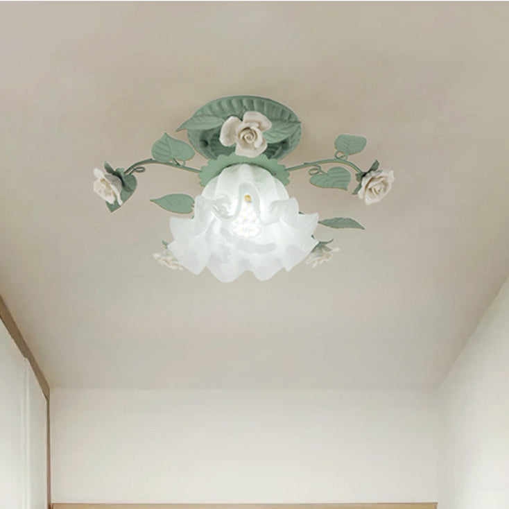 French Bellflower Iron Ceramic Glass Ceiling Light