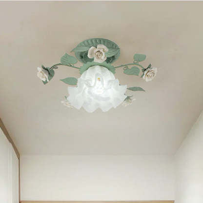 French Bellflower Iron Ceramic Glass Ceiling Light