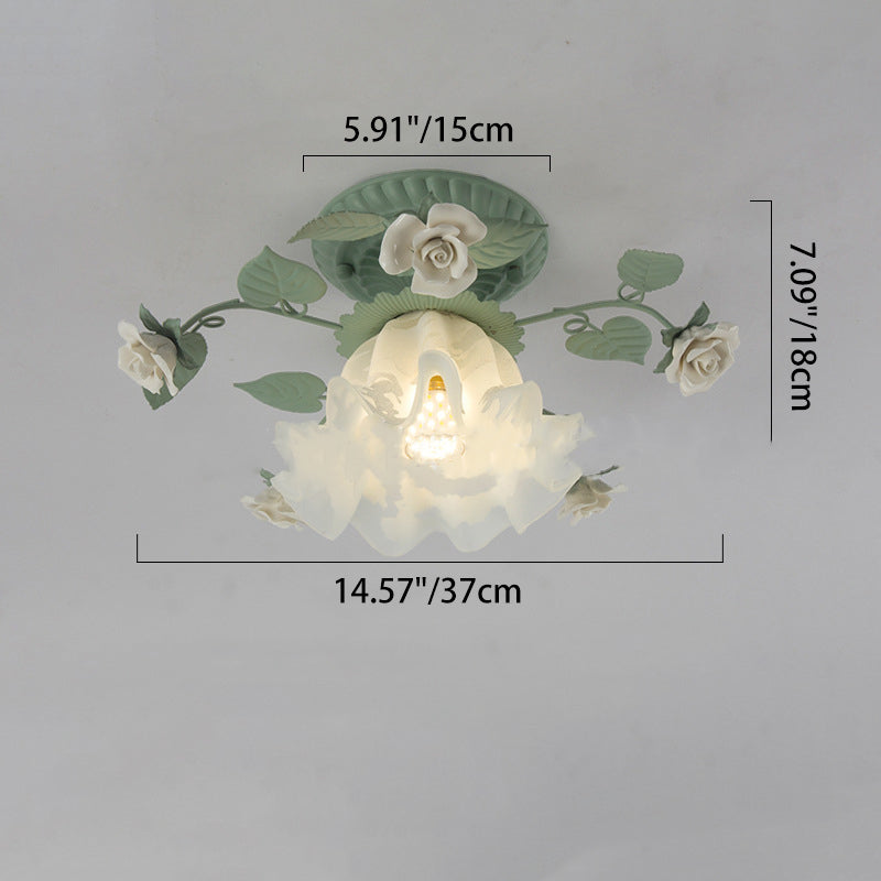 French Bellflower Iron Ceramic Glass Ceiling Light