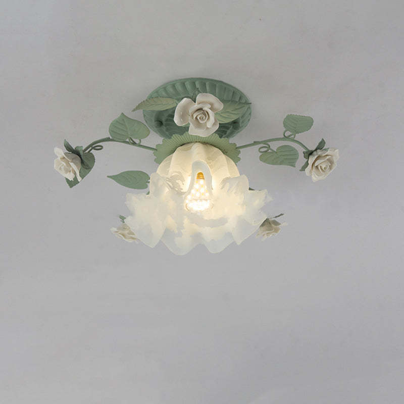 French Bellflower Iron Ceramic Glass Ceiling Light