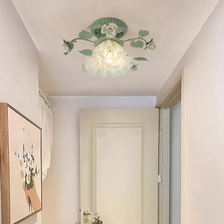 French Bellflower Iron Ceramic Glass Ceiling Light