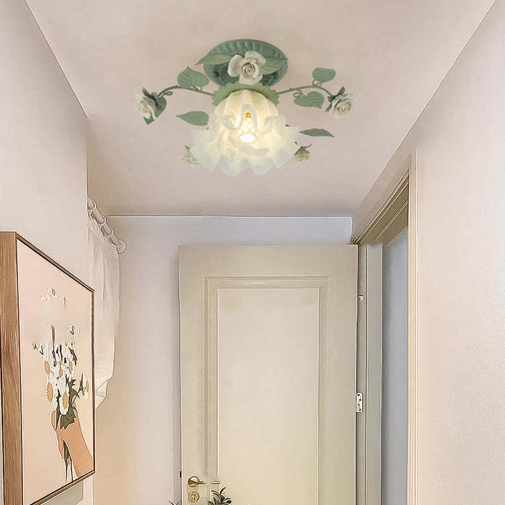 French Bellflower Iron Ceramic Glass Ceiling Light