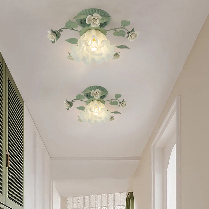 French Bellflower Iron Ceramic Glass Ceiling Light
