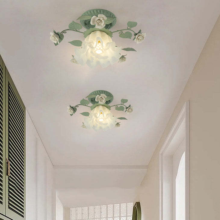 French Bellflower Iron Ceramic Glass Ceiling Light — 220V-240V For UK/AU