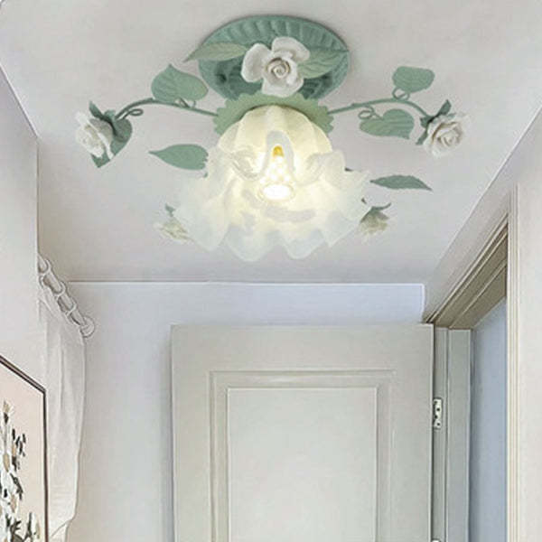 French Bellflower Iron Ceramic Glass Ceiling Light