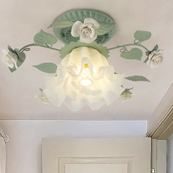 French Bellflower Iron Ceramic Glass Ceiling Light
