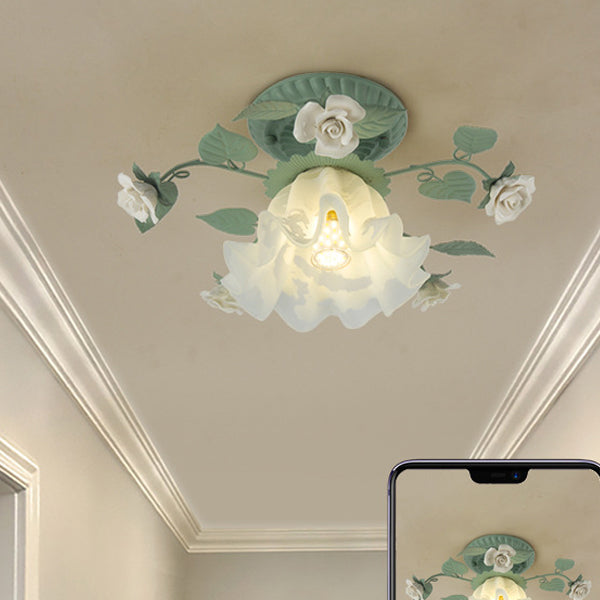 French Bellflower Iron Ceramic Glass Ceiling Light