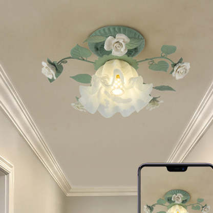 French Bellflower Iron Ceramic Glass Ceiling Light