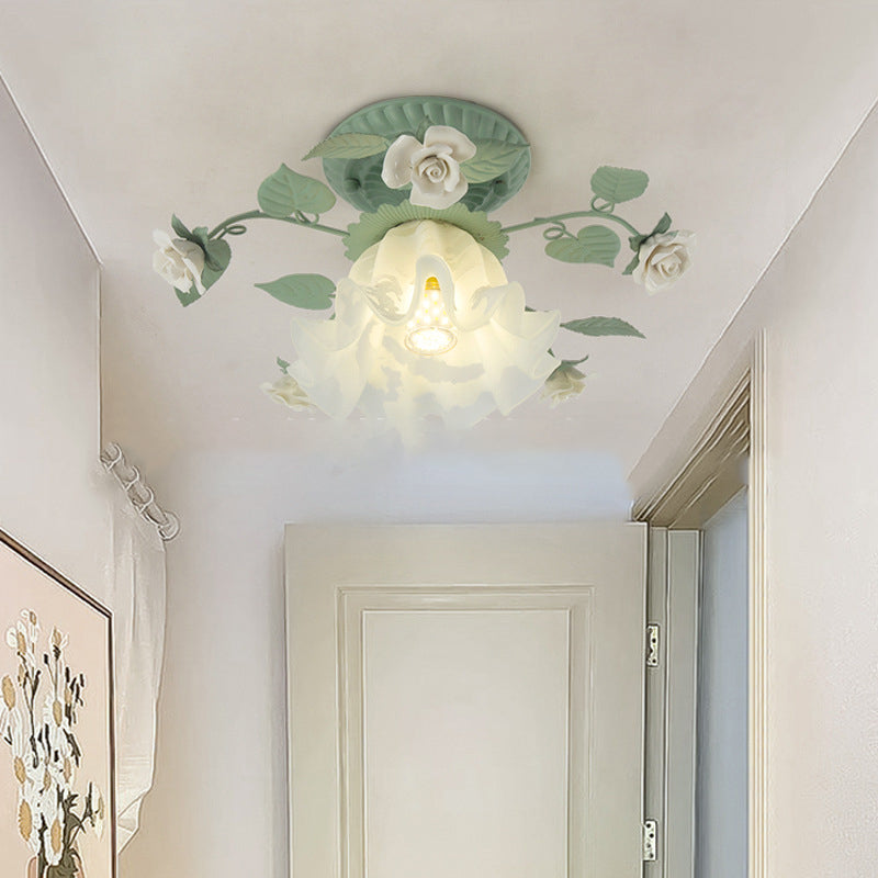 French Bellflower Iron Ceramic Glass Ceiling Light