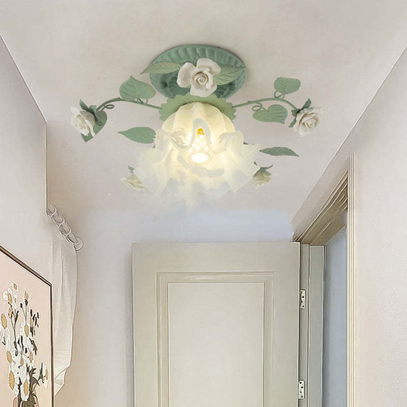 French Bellflower Iron Ceramic Glass Ceiling Light