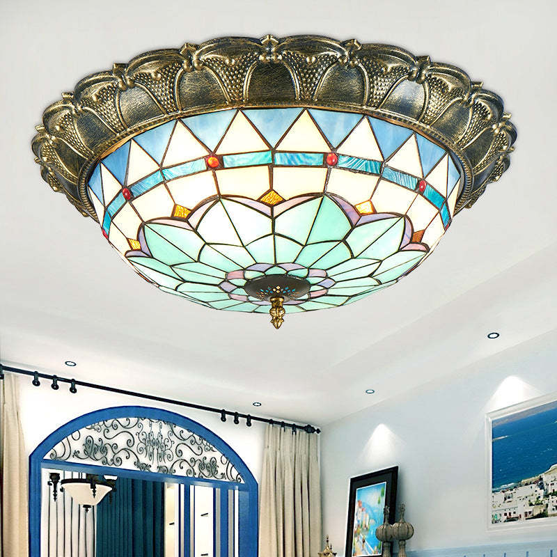 Traditional Tiffany Dome Iron Stained Glass LED Flush Light
