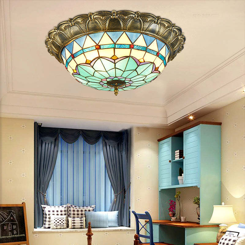 Traditional Tiffany Dome Iron Stained Glass LED Flush Light — Warm Light(3000K) / 110V-120V For US/CA