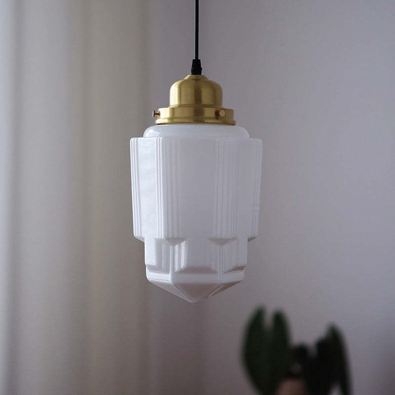 Vintage Cylinder Pagoda Brass Glass Pendant Light