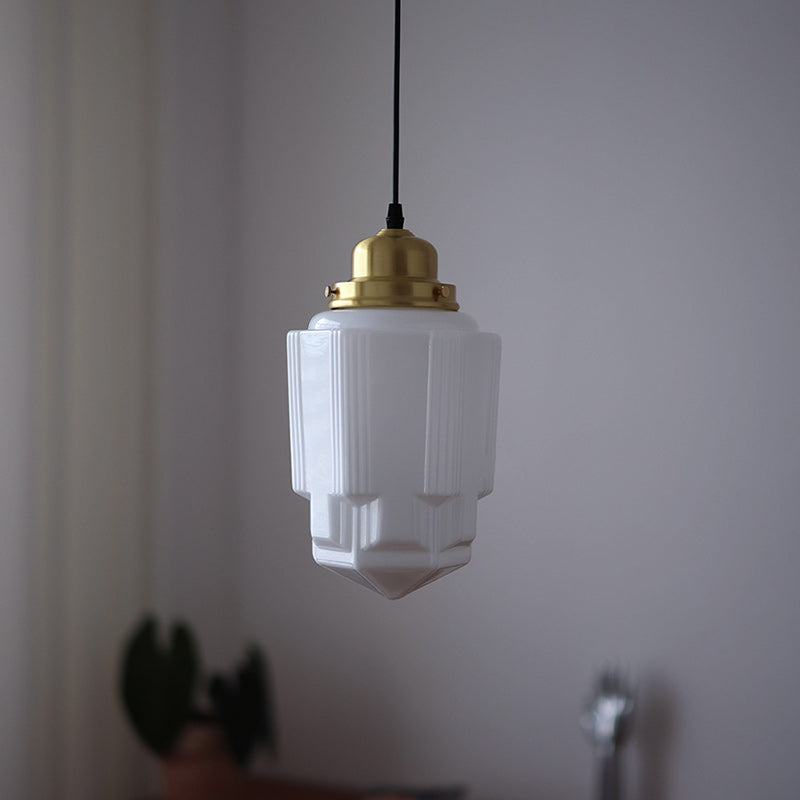Vintage Cylinder Pagoda Brass Glass Pendant Light