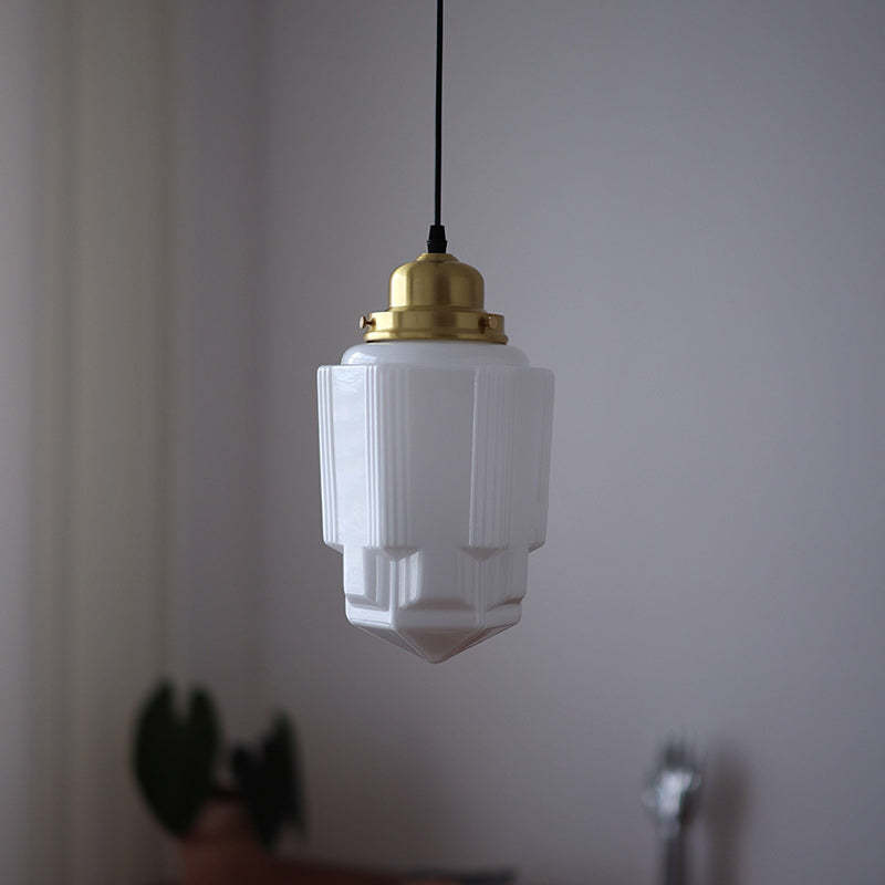Vintage Cylinder Pagoda Brass Glass Pendant Light