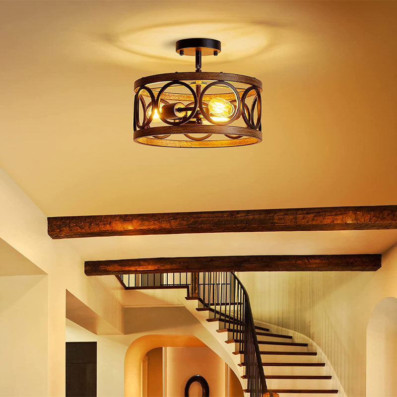 Industrial Hollow Wood Round 3-Light Ceiling Light