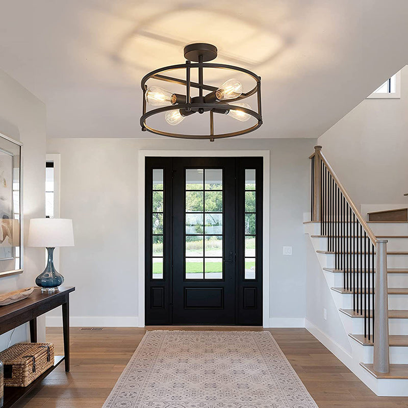 Industrial Round Iron Frame Semi-Flush Ceiling Light — 220V-240V For UK/AU