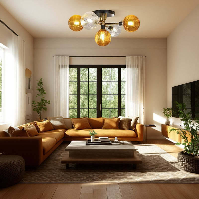 Nordic spherical semi-flush mount light in iron — Amber & Clear / 5-Light / 110V-120V (US/CA)