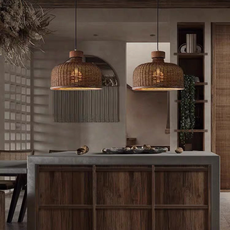 Chinese Drum Rattan Iron Pendant Light