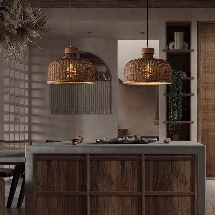 Chinese Drum Rattan Iron Pendant Light