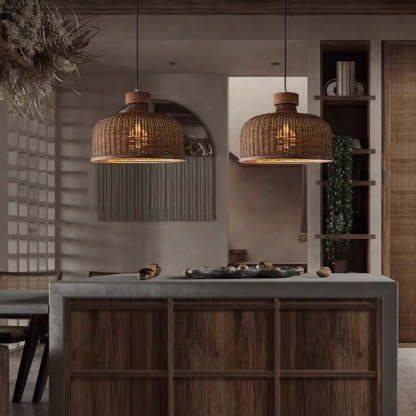 Chinese Drum Rattan Iron Pendant Light