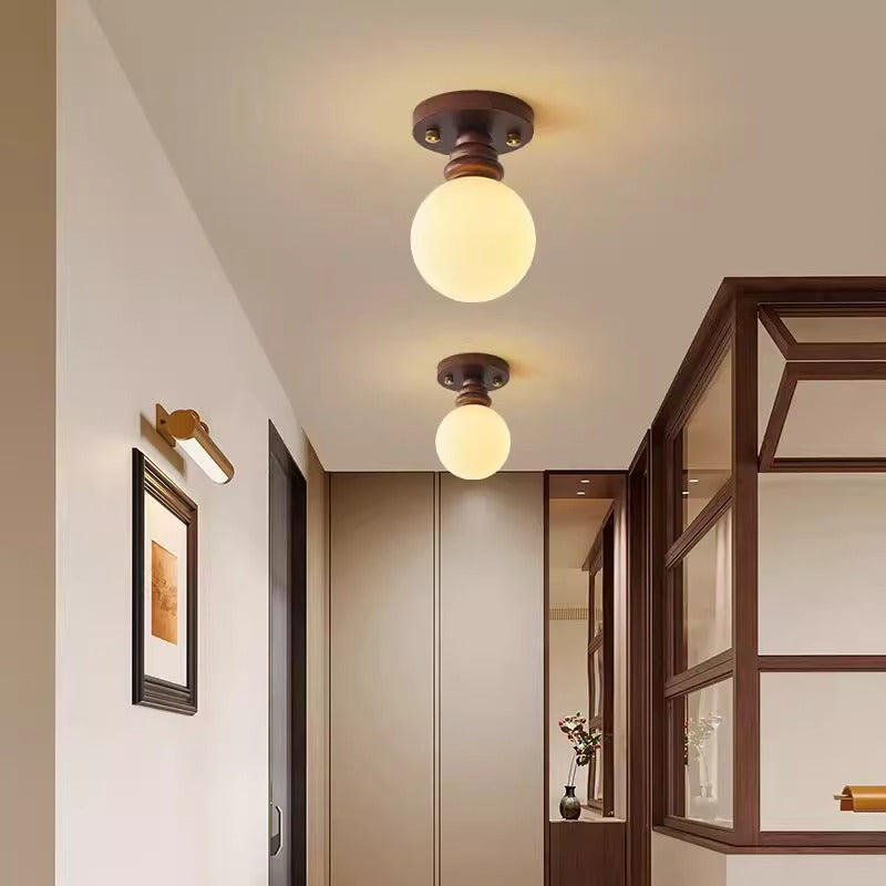 Japanese Oval Wood Glass Ceiling Light