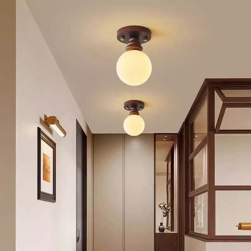 Japanese Oval Wood Glass Ceiling Light