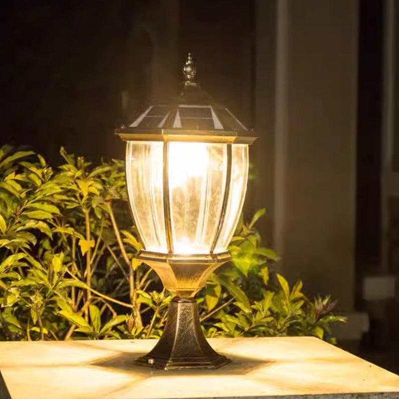Retro Hexagon Aluminum Glass LED Solar Post Light