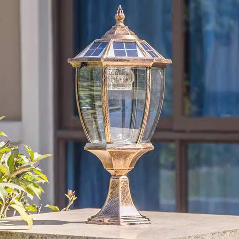 Retro Hexagon Aluminum Glass LED Solar Post Light