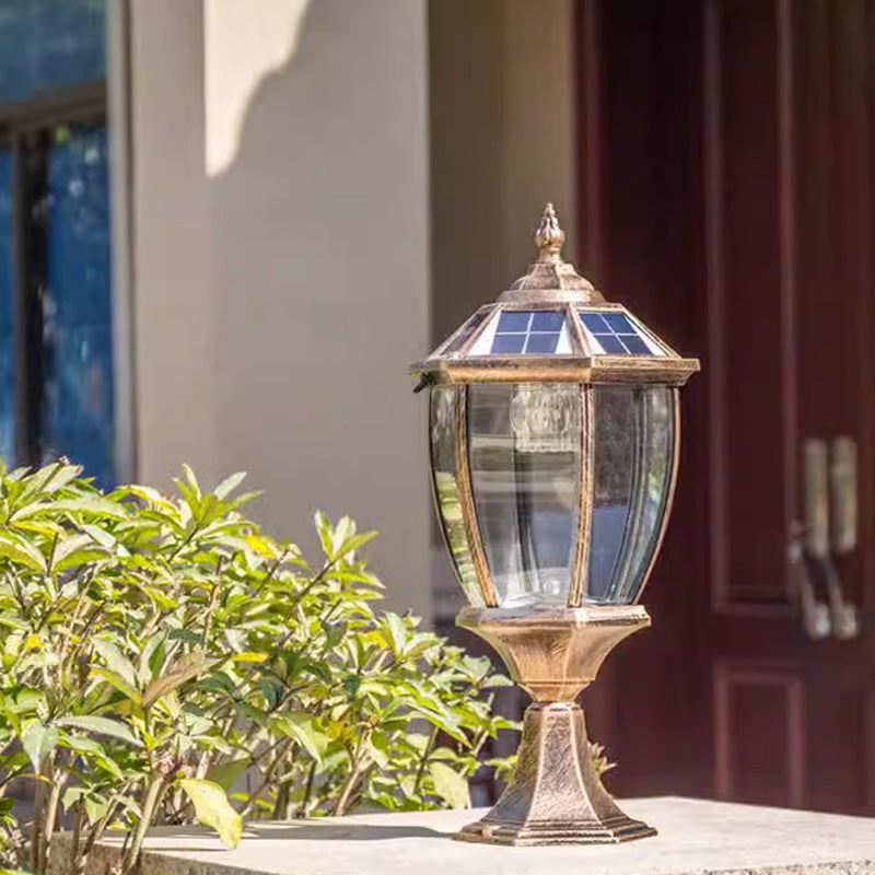 Retro Hexagon Aluminum Glass LED Solar Post Light