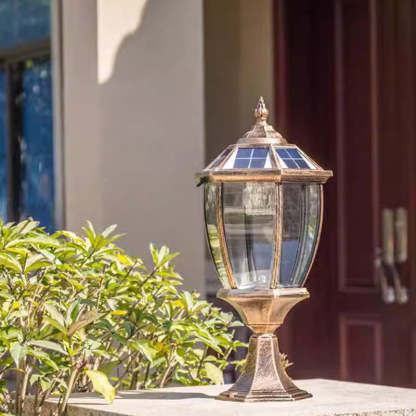 Retro Hexagon Aluminum Glass LED Solar Post Light