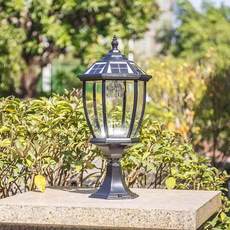 Retro Hexagon Aluminum Glass LED Solar Post Light