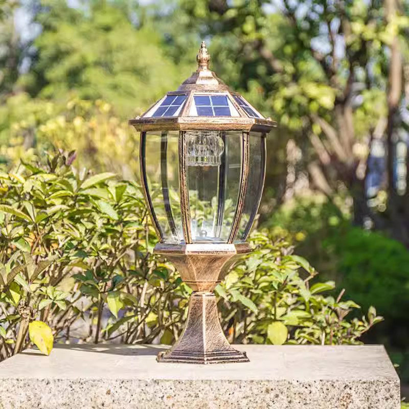 Retro Hexagon Aluminum Glass LED Solar Post Light