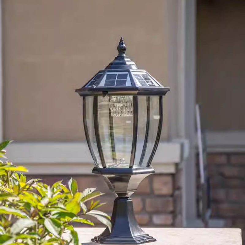 Retro Hexagon Aluminum Glass LED Solar Post Light